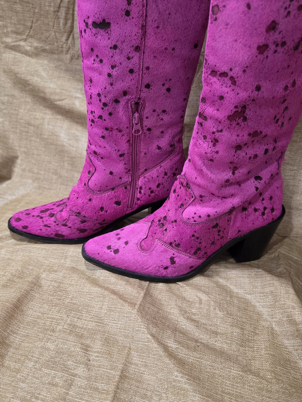 Nasty Gal Short Hair On Knee High Speckled Print Fuschia Cowboy Boots Size 7 - Picture 6 of 14